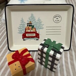 Holiday Ceramic Tray and Gift Salt & Pepper Shakers - items are new, never used
